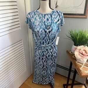 SHOSHANNA Womens Dress 10 Blue Abstract Midi Sheath Gathered Waist Cocktail